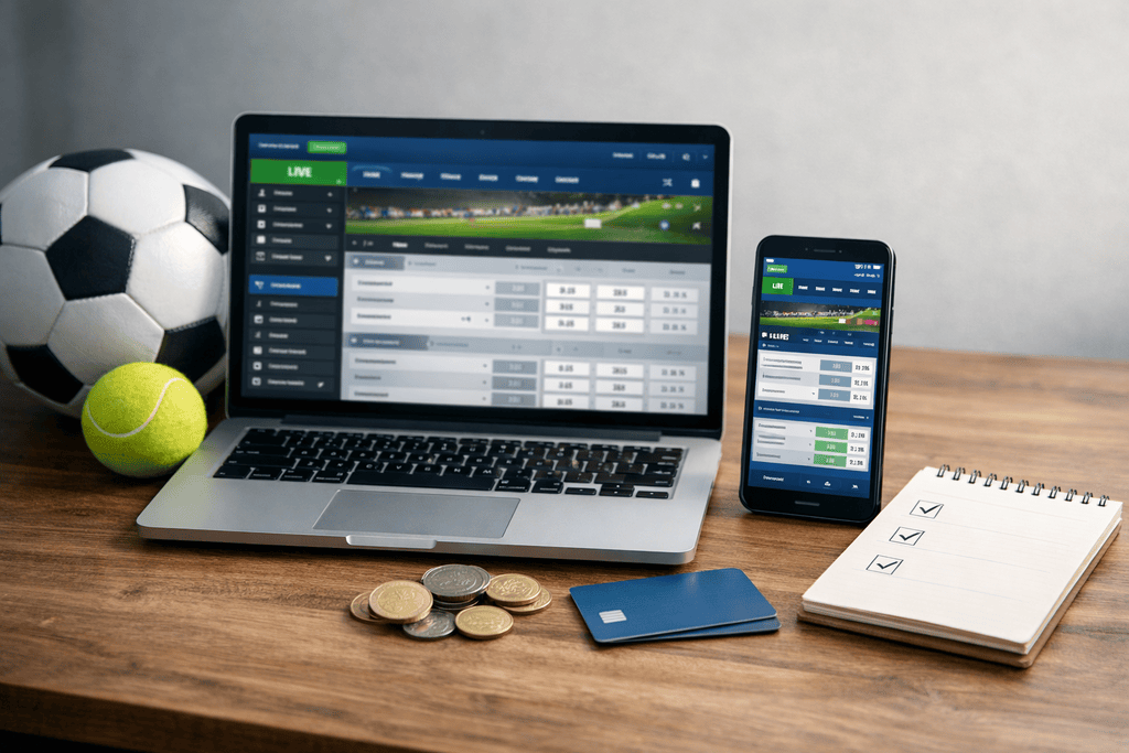 Realistisches 16:9 Hero-Image mit Laptop und Smartphone auf einem Holztisch, abstrakte Sportwetten-Oberflächen mit Quotenfeldern und Marktübersichten, daneben Fußball, Tennisball, Euro-Münzen, Bankkarte und Notizbuch mit Checkmarks. Seriöse, moderne Bildsprache mit viel Freiraum für Text, optimiert für SEO-Artikel über Online Casino Echtgeld und Wettanbieter ohne Lizenz.