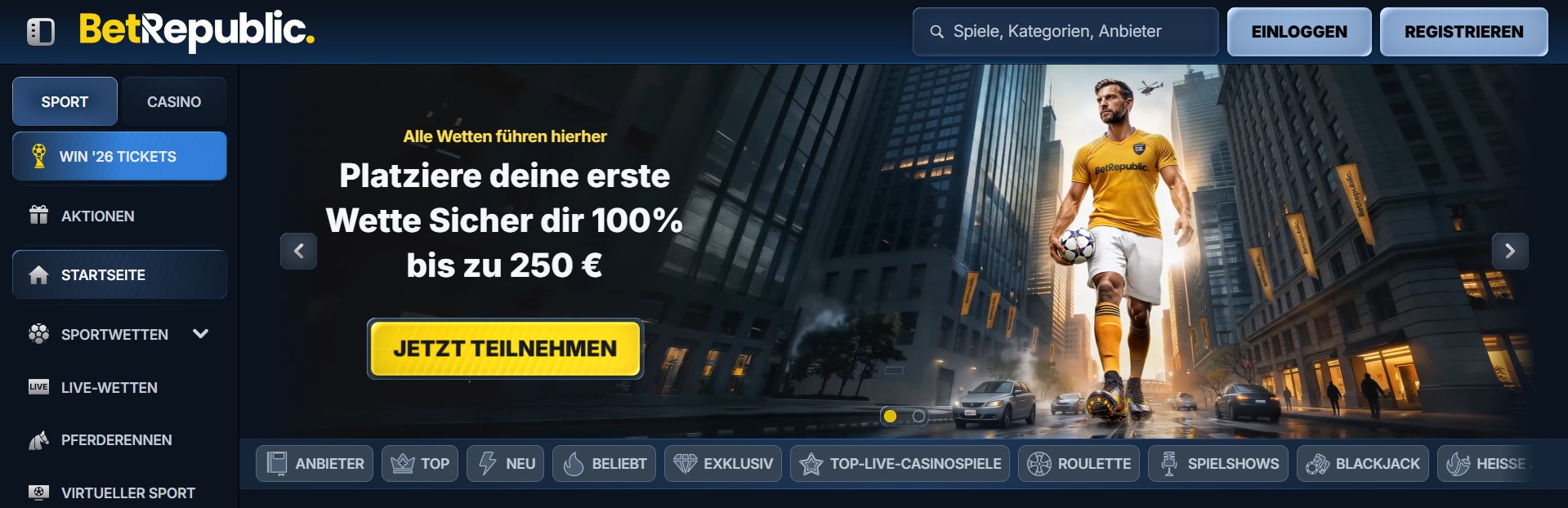Ein modernes Sportwetten-Interface mit dunklem Blau, klarer Navigation und zentralem Banner, das einen Fußballspieler in einer urbanen Szene zeigt. Die Gestaltung vermittelt Dynamik und Seriosität, während Bonusangebote und Kategorien wie Roulette, Blackjack und Live-Wetten sichtbar sind. Dieses Bild eignet sich ideal für redaktionelle Inhalte zu Wettanbieter ohne Lizenz, da es die typischen Elemente einer Online-Wettplattform realistisch darstellt und gleichzeitig Vertrauen und Übersichtlichkeit betont.