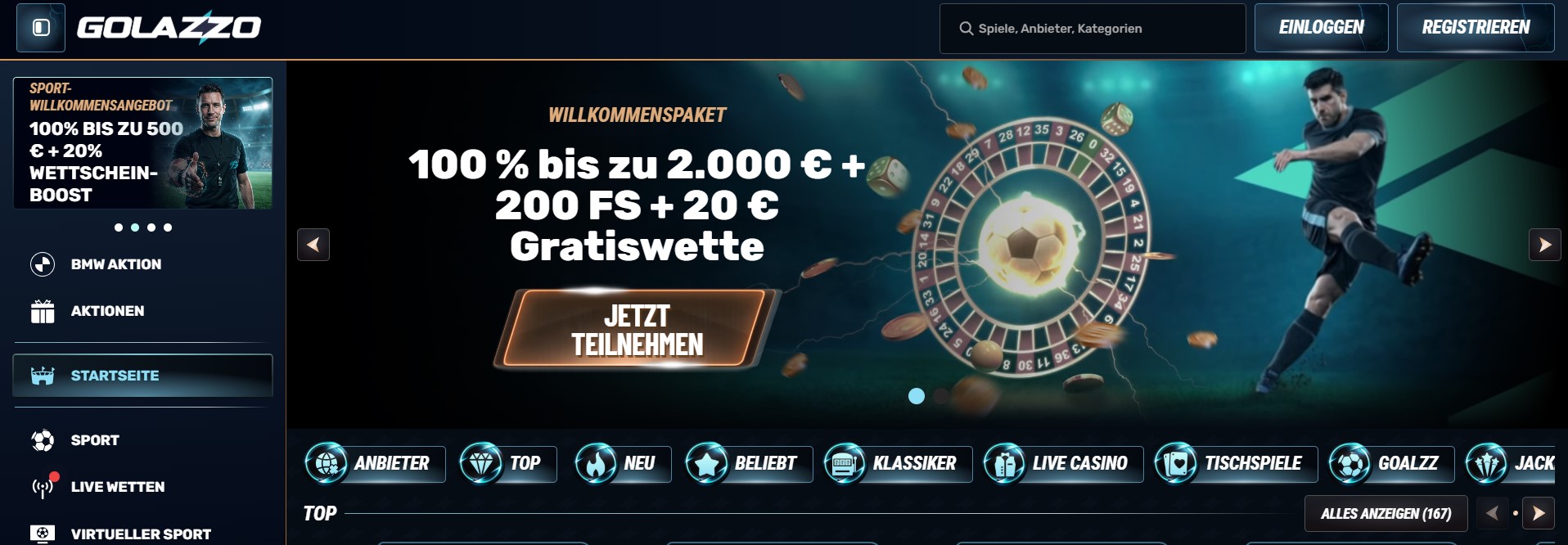 Ein modernes Online-Casino- und Sportwetten-Portal mit dunklem Blau- und Türkis-Design, das verschiedene Promotions wie Willkommenspakete und Bonusangebote zeigt. Im Zentrum befindet sich ein Banner mit Roulette-Rad, Fußball und Münzen, flankiert von Wettangeboten und Navigationsoptionen. Die Gestaltung kombiniert Casino- und Sportelemente, wirkt dynamisch und aufmerksamkeitsstark. Dieses Bild eignet sich für Inhalte zu Wettanbieter ohne Lizenz, da es die typischen visuellen Merkmale von Glücksspielplattformen darstellt.