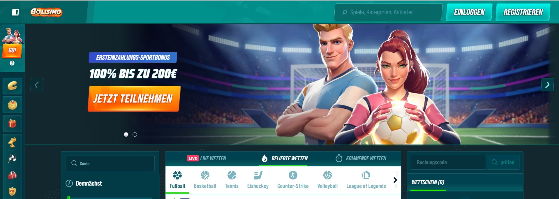 Startseite eines bunten Sportwetten-Portals mit animierten Figuren im Stadion, die Fußball und Wettangebote präsentieren. Sichtbar sind Bonusaktionen, Sportarten-Icons und Navigationssymbole. Das Bild vermittelt eine spielerische, digitale Atmosphäre und eignet sich für Inhalte über Wettanbieter ohne Lizenz, mit Fokus auf Online-Sportwetten und deren visuelle Gestaltung.